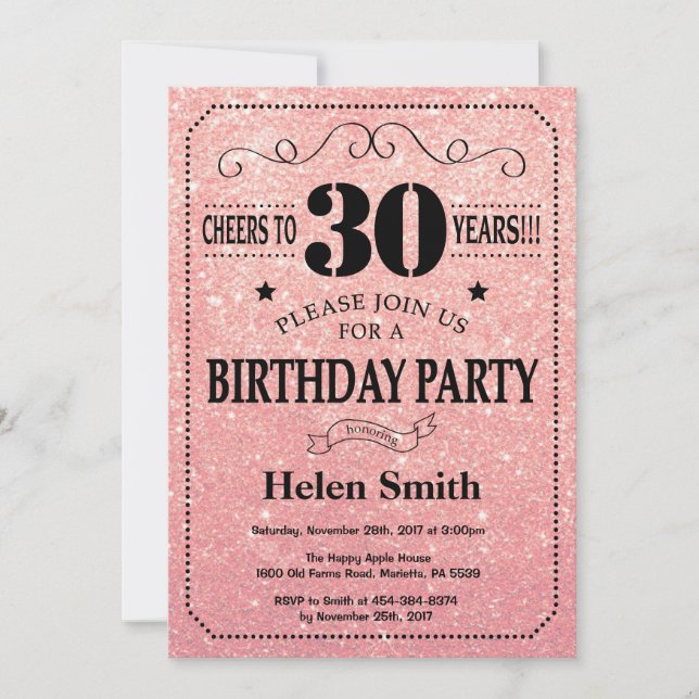 30th Birthday Black and Pink Rose Gold Glitter Invitation (Front)