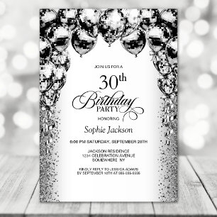 30th Birthday Black and White Balloons Party Invitation