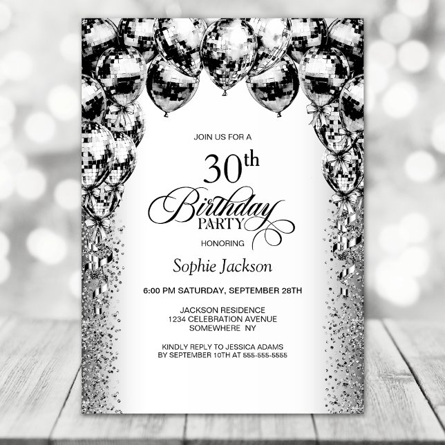 30th Birthday Black and White Balloons Party Invitation (Creator Uploaded)