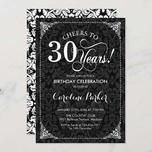 30th Birthday - Black and White Damask Invitation (Front/Back)