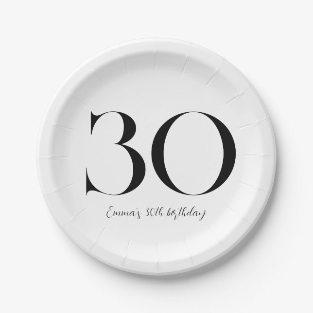 30th Birthday Black and White Paper Plate (Front)