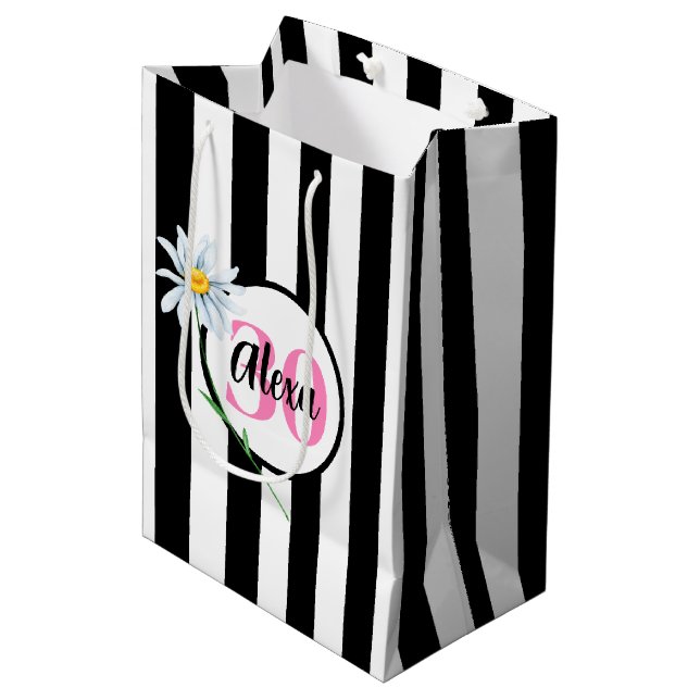 30th Birthday Black And White Stripes Medium Gift Bag (Front Angled)