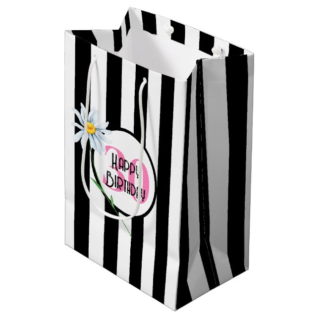 30th Birthday Black And White Stripes Medium Gift Bag (Front Angled)