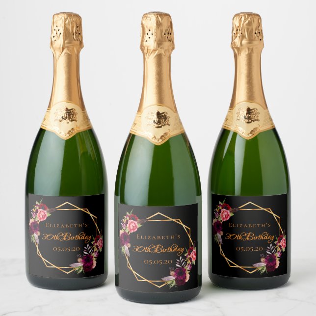 30th birthday black floral gold geometric burgundy sparkling wine label (Bottles)