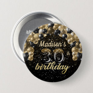30th Birthday Black Gold Balloon Glitter 7.5 Cm Round Badge