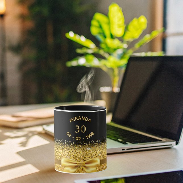 30th birthday black gold bow name mug (Creator Uploaded)