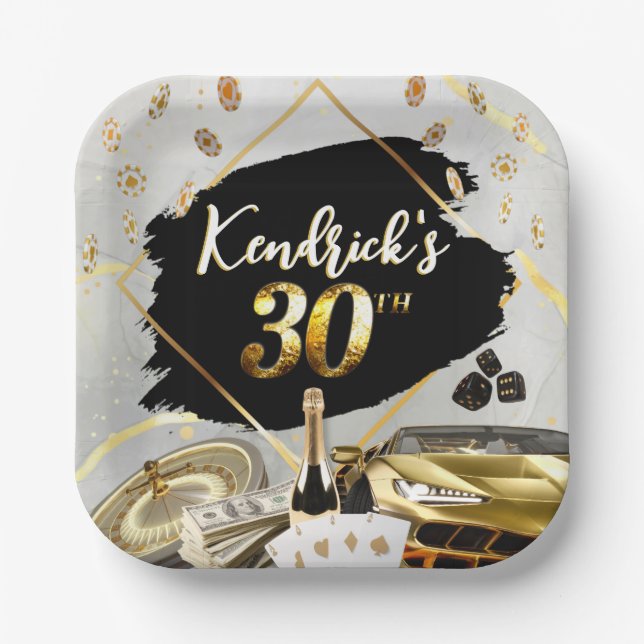 30th Birthday Black & Gold Casino, Luxury Car Napk Paper Plate (Front)