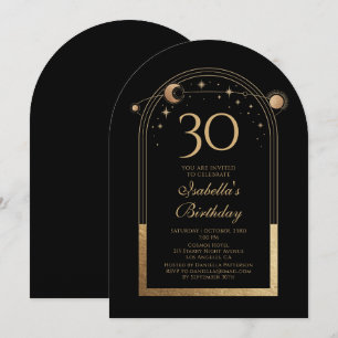 30th Birthday Black Gold Celestial Sun Moon Stars Invitation