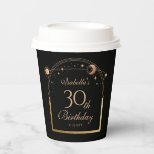 30th Birthday Black Gold Celestial Sun Moon Stars Paper Cups