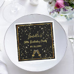 30th birthday black gold champagne bubbles napkin<br><div class="desc">A napkin for a trendy,  modern 30th birthday party.  A classic black background,  with a faux gold frame and champagne flutes,  glass and bubbles,  golden coloured letters. Templates for a name,  age 30 and a date.</div>
