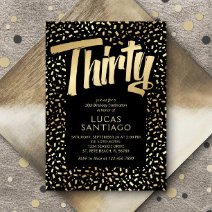 30th Birthday Black Gold Confetti Invitation