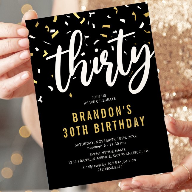 30th Birthday Black Gold Confetti Invitation (Creator Uploaded)