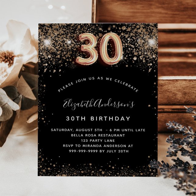 30th birthday black gold glitter invitation (Creator Uploaded)
