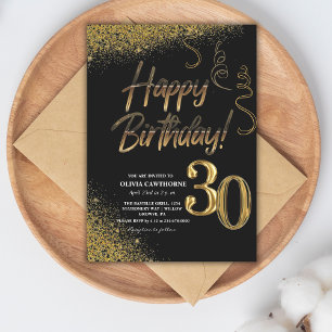 30th Birthday Black & Gold Glitter Modern   Invitation