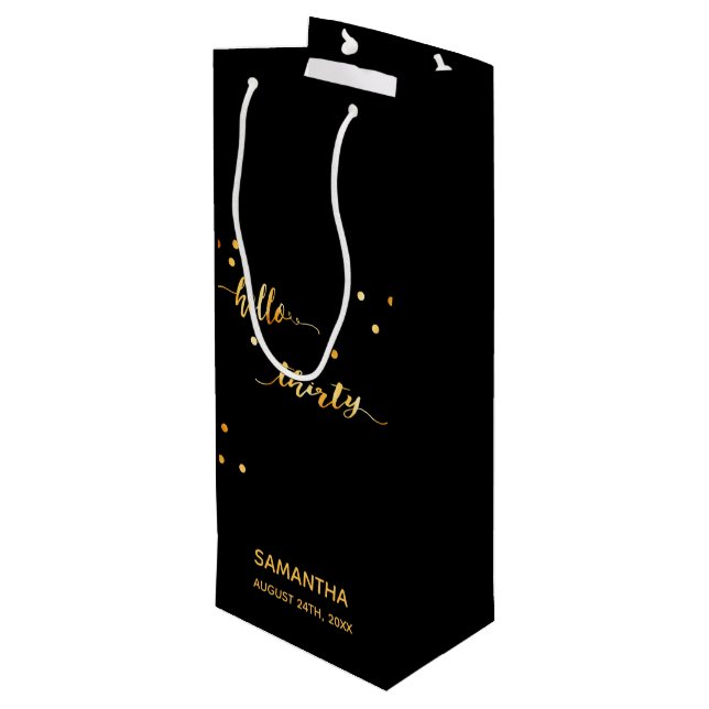 30th birthday black gold hello 30 name script wine gift bag (Back Angled)