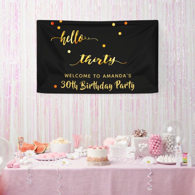 30th birthday black gold hello 30 script name banner (Party)