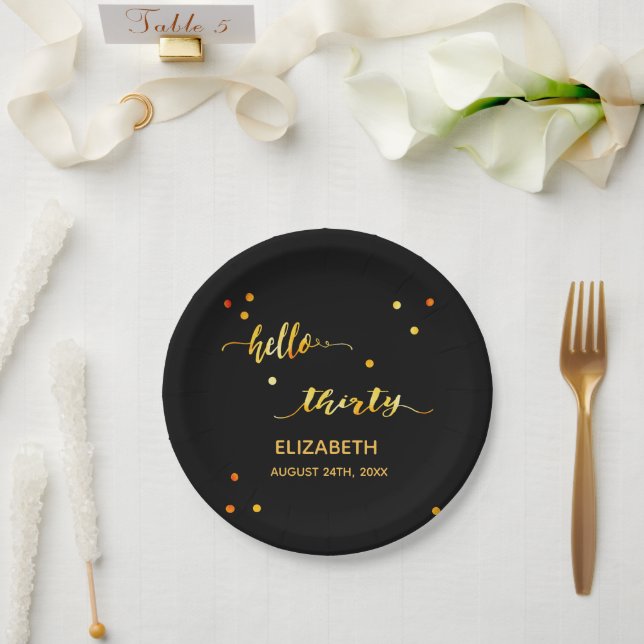 30th birthday black gold hello 30 script name paper plate (Wedding)