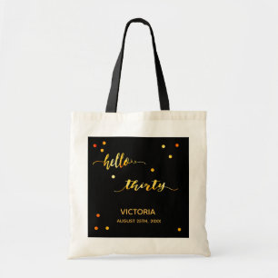 30th birthday black gold hello 30 script name tote bag