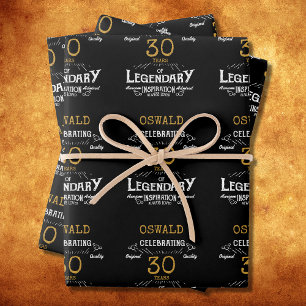 30th Birthday Black Gold Legendary Retro Wrapping Paper Sheet