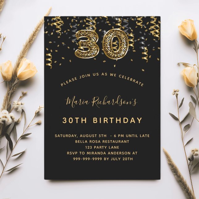 30th birthday black gold leopard print confetti invitation (Creator Uploaded)