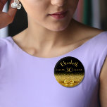 30th birthday black gold monogram elegant 6 cm round badge<br><div class="desc">Elegant,  classic,  glamorous and feminine.  A gold colored bow and ribbon.  Black background. Templates for her name,  age,  date of birth and anniversary date.</div>