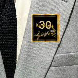 30th birthday black gold music notes name 15 cm square badge<br><div class="desc">Elegant black colored background with faux gold music notes and a faux gold frame for a 30th birthday party for both him and her. Templates for age and name.  Golden letters and number.</div>
