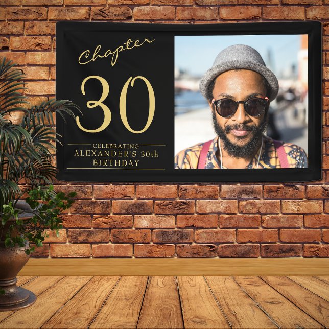 30th Birthday Black Gold Photo Banner (Celebrate that 30th birthday with this unique personalized wall banner.)