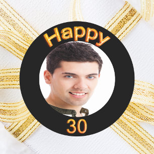 30th birthday black gold photo classic round sticker