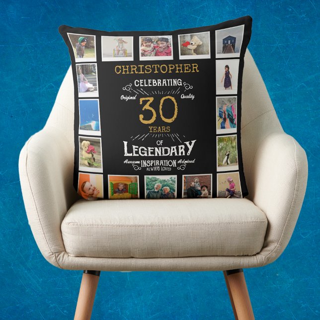 30th Birthday Black Gold Photo Collage Cushion (Personalized 30th birthday gift throw pillow with 16 photos of your choice.)