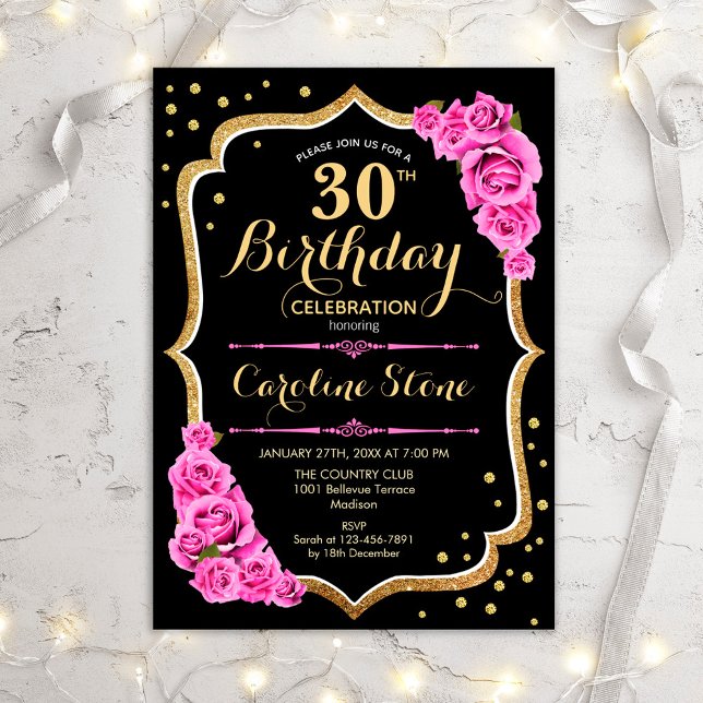 30th Birthday - Black Gold Pink Invitation (Creator Uploaded)