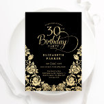 30th Birthday Black Gold Roses Invitation<br><div class="desc">Black gold elegant 30th birthday party invitation. Classy design featuring roses,  faux gold foil and typography script font. Trendy invite card perfect for a stylish female bday celebration. Personalise with your own details. Can be customised to any age. Printed Zazzle invitations or instant download digital printable template.</div>
