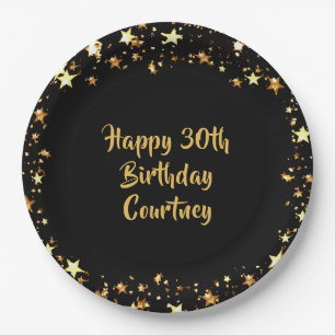30th Birthday Black Gold Stars Name Paper Plate