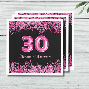 30th Birthday Black Pink Balloons Glitter  Napkin