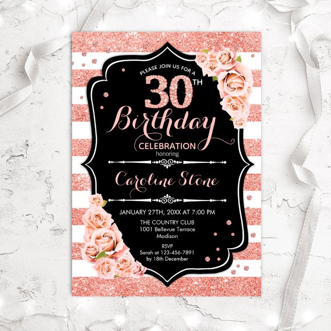 30th Birthday Black Rose Gold and White Stripes Invitation (Creator Uploaded)