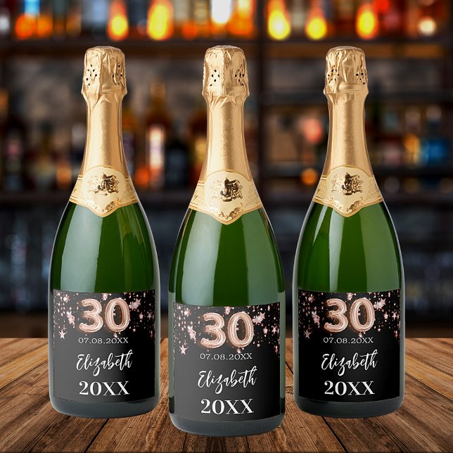 30th Birthday black rose gold stars Sparkling Wine Label (Creator Uploaded)