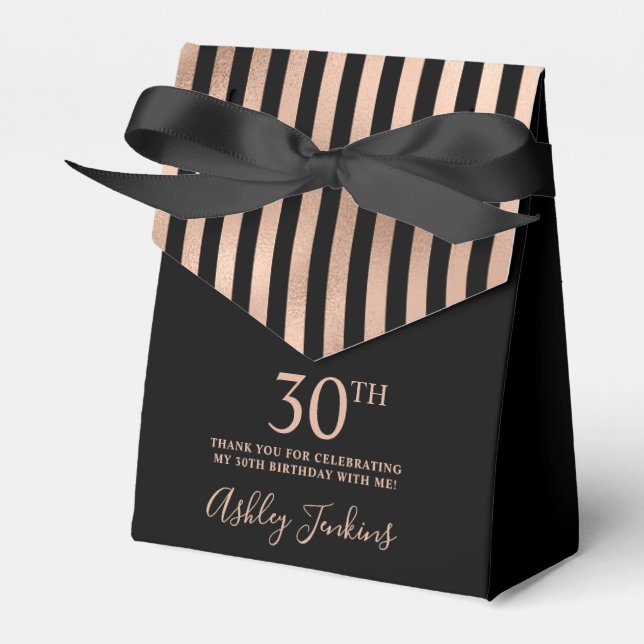 30th Birthday Black Rose Gold Striped Thank You Favour Box (Front Side)