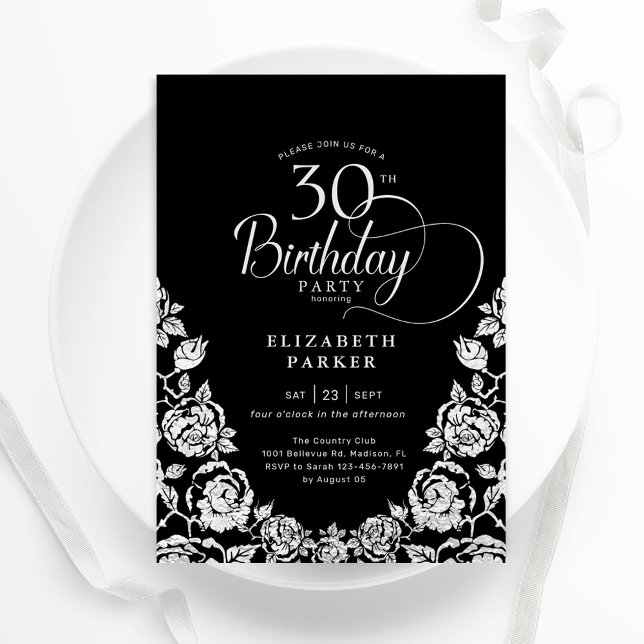 30th Birthday Black Silver Roses Invitation (Creator Uploaded)