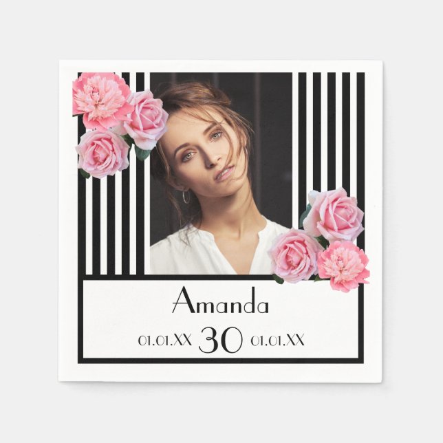 30th birthday black stripes pink floral photo napkin (Front)