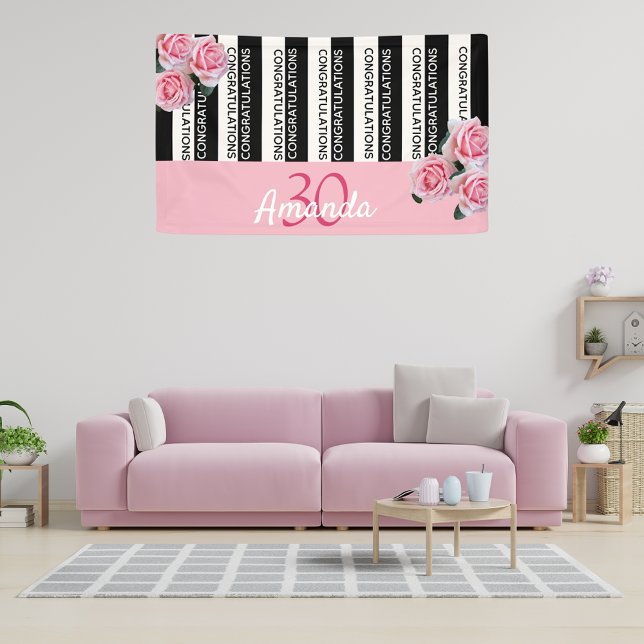 30th birthday black stripes pink florals name banner (Creator Uploaded)