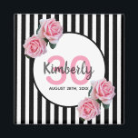 30th birthday black stripes pink florals name magnet<br><div class="desc">A magnet for a 30th birthday party. Classic slim black and white vertical stripes as background. With girly and feminine pink roses as decoration. A white and pink frame on front with template for age, name and date. Age number in pink, name and date in black. The name is written...</div>