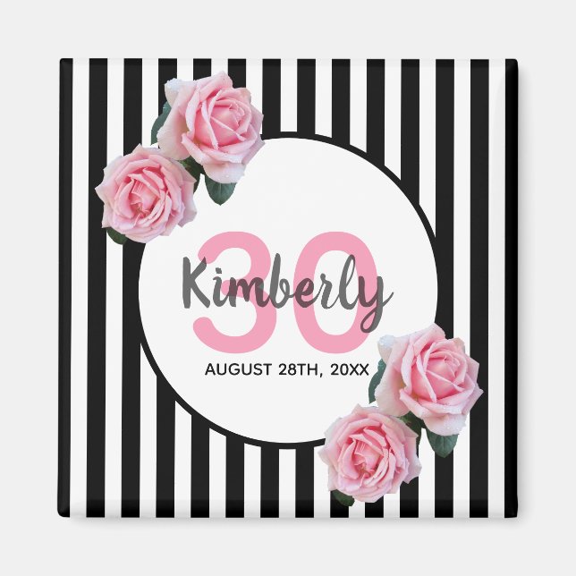 30th birthday black stripes pink florals name magnet (Front)