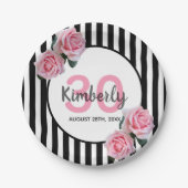 30th birthday black stripes pink florals name paper plate (Front)