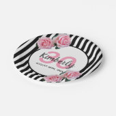 30th birthday black stripes pink florals name paper plate (Angled)