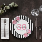 30th birthday black stripes pink florals name paper plate