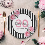 30th birthday black stripes pink florals name paper plate<br><div class="desc">A paper plate for a 30th birthday party. Classic slim black and white vertical stripes as background. With girly and feminine pink roses as decoration. A white and pink frame on front with template for age, name and date. Age number in pink, name and date in black. The name is...</div>