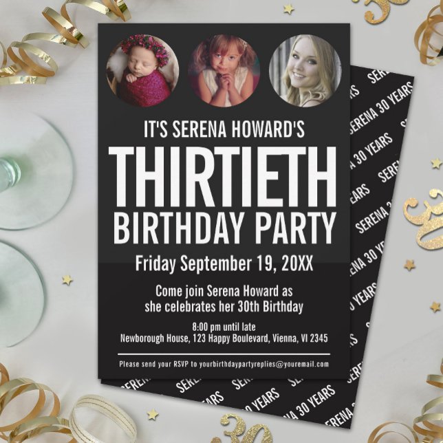 30th Birthday black white photo circles Invitation (Creator Uploaded)