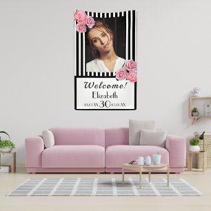 30th birthday black white stripes flowers photo banner