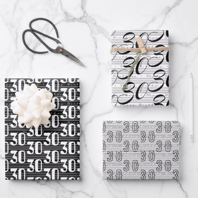 30th Birthday Black White Typography Numbers Wrapping Paper Sheet (Front)