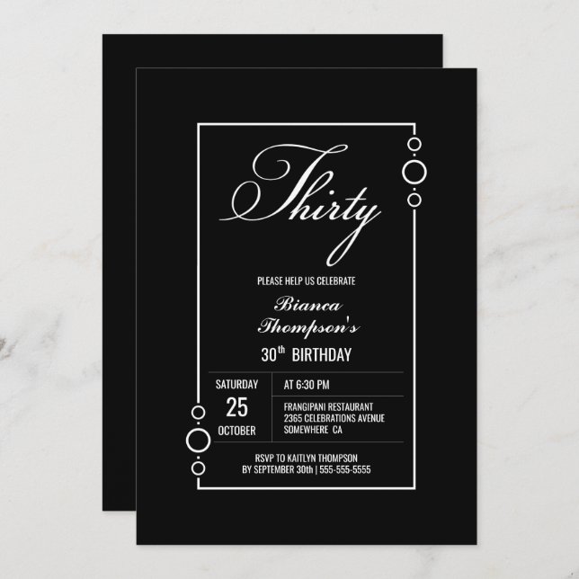 30th Birthday Black with White Frame Party Invitation (Front/Back)