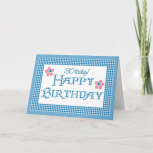 30th Birthday, Blue Check Gingham Pattern Card